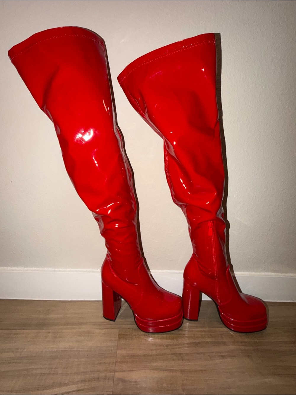 Red Leather Over-the-Knee Platform Boots - Women